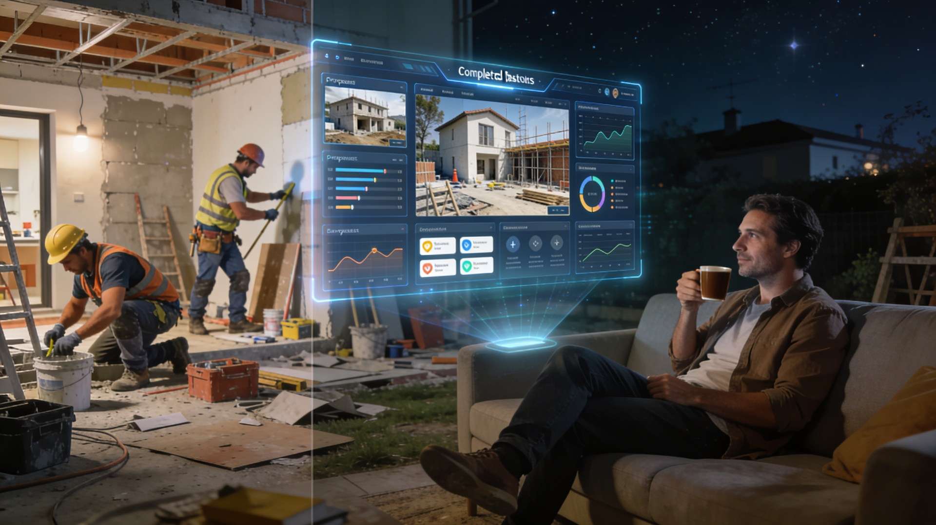 Cantiere reale accanto a dashboard olografica di avanzamento