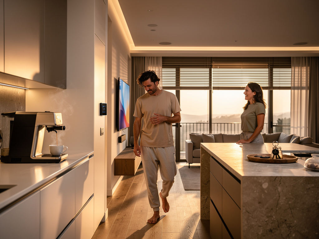 Coppia in cucina smart all'alba, illuminazione adattiva